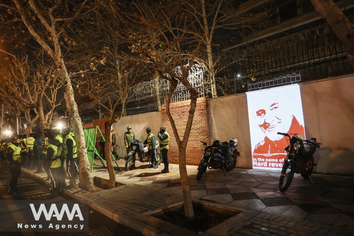 A picture of the late Iranian Major-General Qassem Soleimani is seen on the wall of the British embassy during a gathering in support of Yemen in front of the British embassy in Iran/WANA (West Asia News Agency)