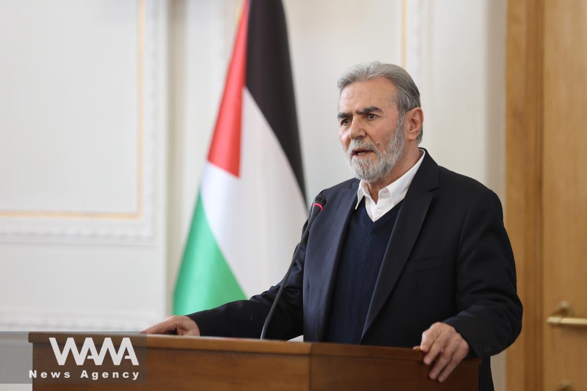 The Secretary-General of the Palestinian Islamic Jihad Movement, Ziyad Nakhaleh speaks during a press conference