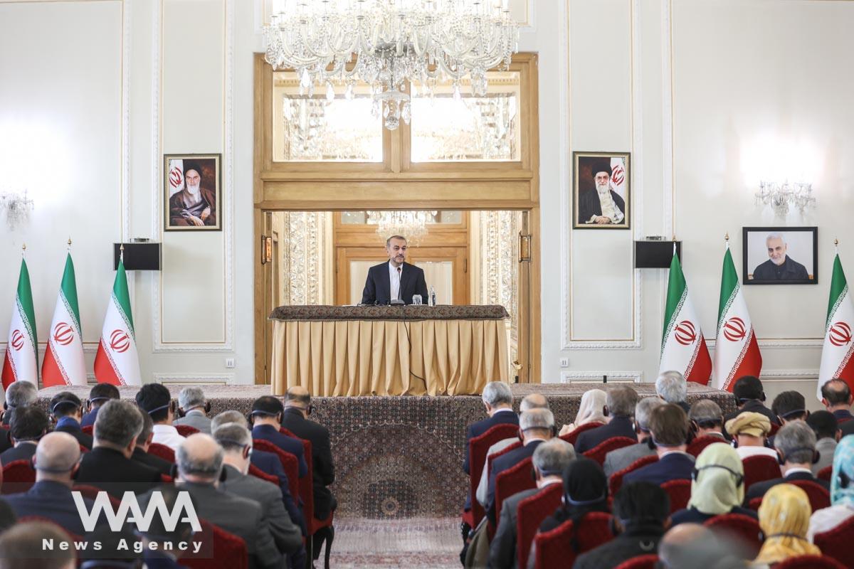 Iran's Foreign Minister Hossein Amir Abdollahian speaks during a meeting with foreign ambassadors