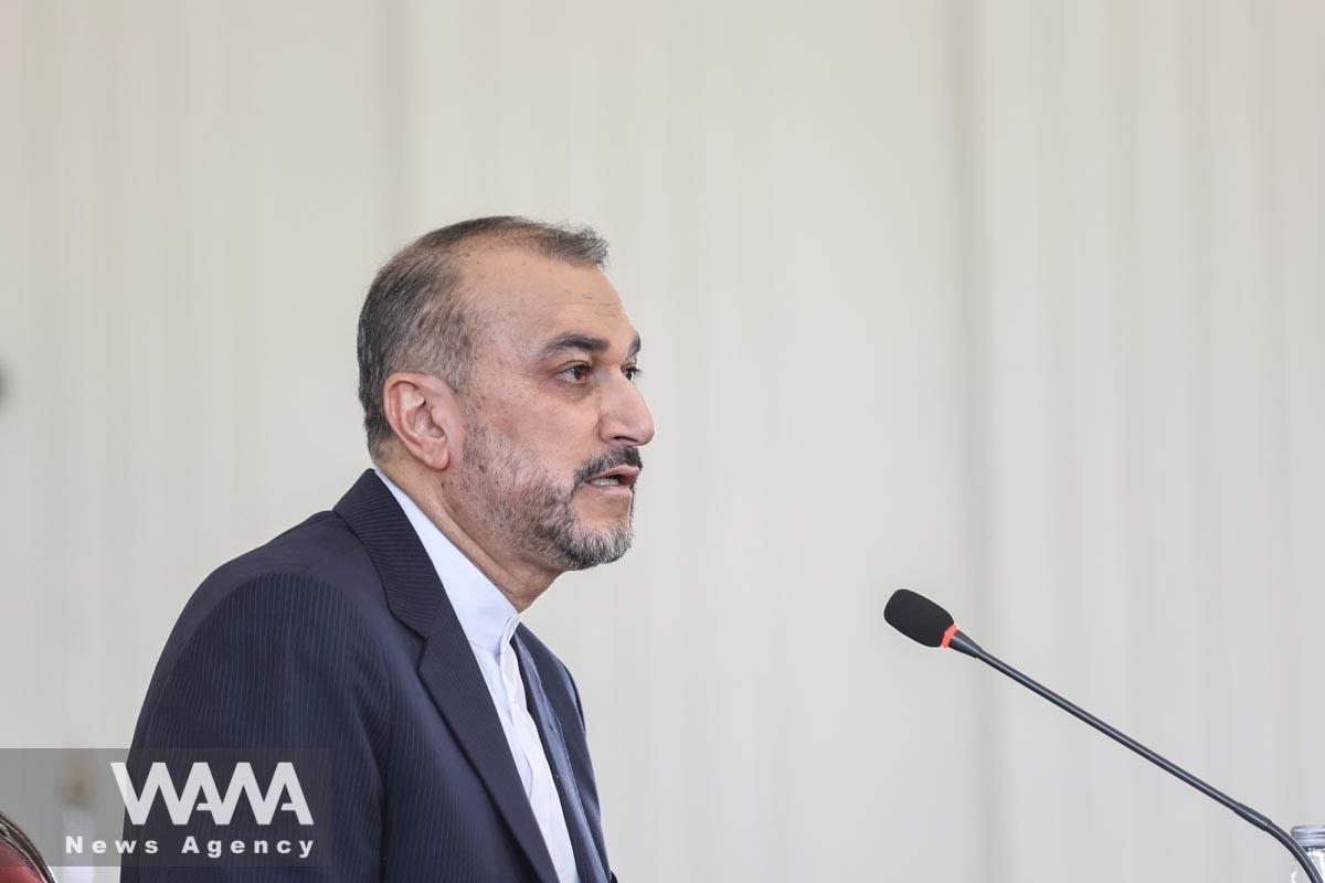 Iran's Foreign Minister Hossein Amir Abdollahian speaks during a meeting with foreign ambassadors