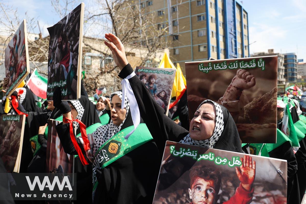 Iranians attend Quds Day and the funeral of members of the Islamic Revolutionary Guard Corps who were killed in the Israeli airstrike on the Iranian embassy complex in the Syrian capital Damascus