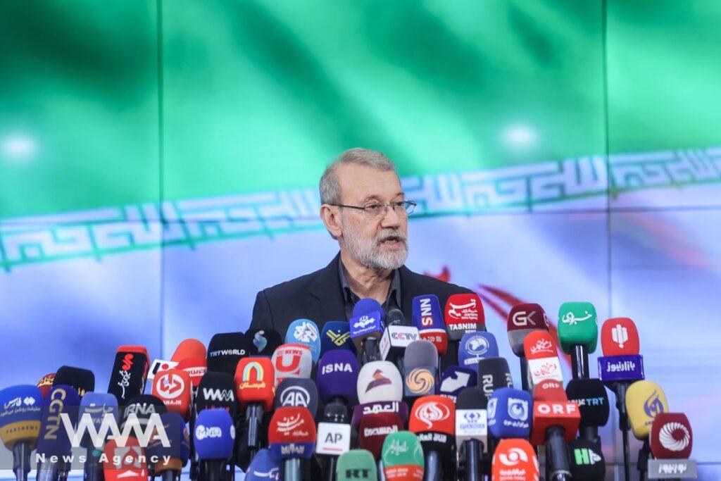 Ali Larijani, former chairman of the parliament of Iran, speaks at a press conference after registering as a candidate for the presidential election at the Interior Ministry, in Tehran, Iran May 31, 2024. Majid Asgaripour/WANA (West Asia News Agency)