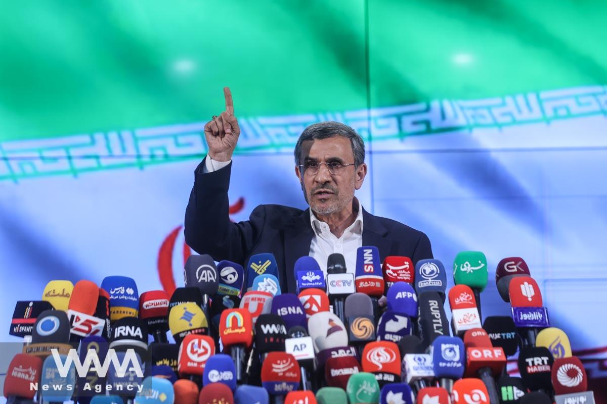 Mahmoud Ahmadinejad former president of Iran, speaks at a press conference after registering as a candidate for the presidential election at the Interior Ministry