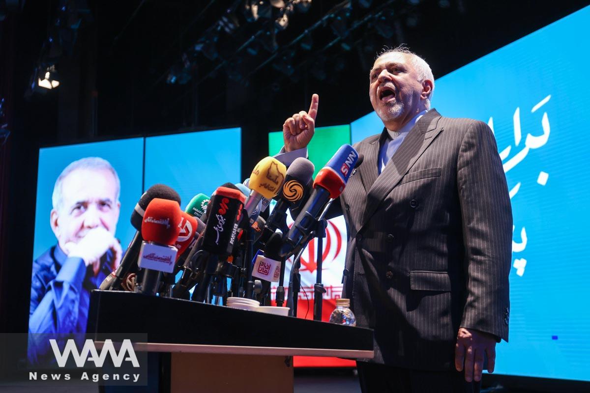 Presidential candidate Masoud Pezeshkian speaks during a campaign event