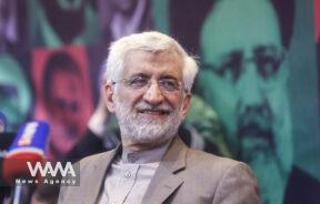 Iranian presidential candidate Saeed Jalili looks on during a campaign event at Sharif University