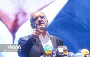 Presidential candidate Masoud Pezeshkian speaks during a campaign event