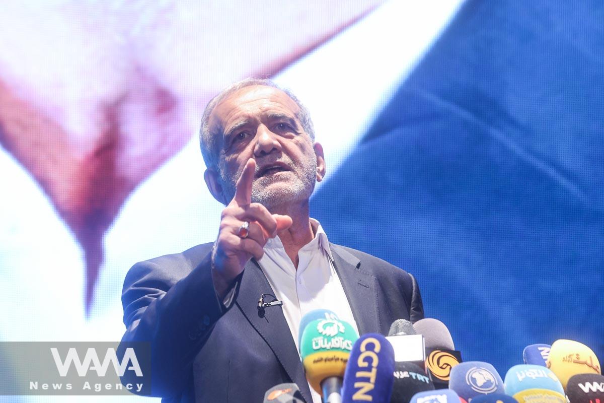 Presidential candidate Masoud Pezeshkian speaks during a campaign event