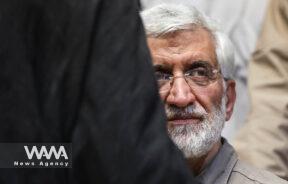 Iranian presidential candidate Saeed Jalili looks on during a campaign event in Tehran