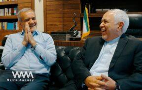 Masoud Pezeshkian, the presidential candidate from the reformist front, in a meeting with Mohammad Javad Zarif, the former foreign minister in Hassan Rouhani's government. The favorable foreign minister of Pezeshkian is Javad Zarif. Date 12 June 2024 - social media / WANA News Agency