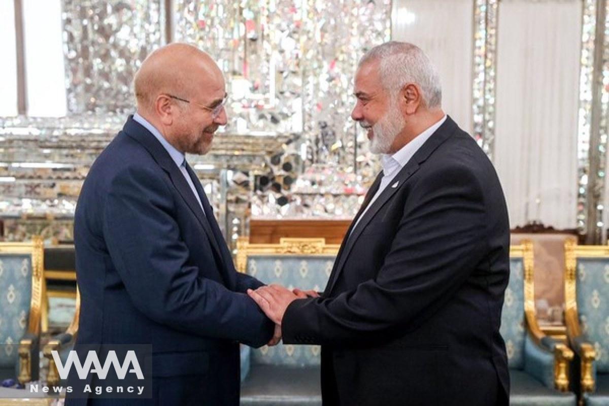 Mohammad Bagher Qalibaf, the Speaker of the Islamic Consultative Assembly meeting with Ismail Haniyeh in Tehran. 30 July 2024 . Majalis PR/ WANA News Agency