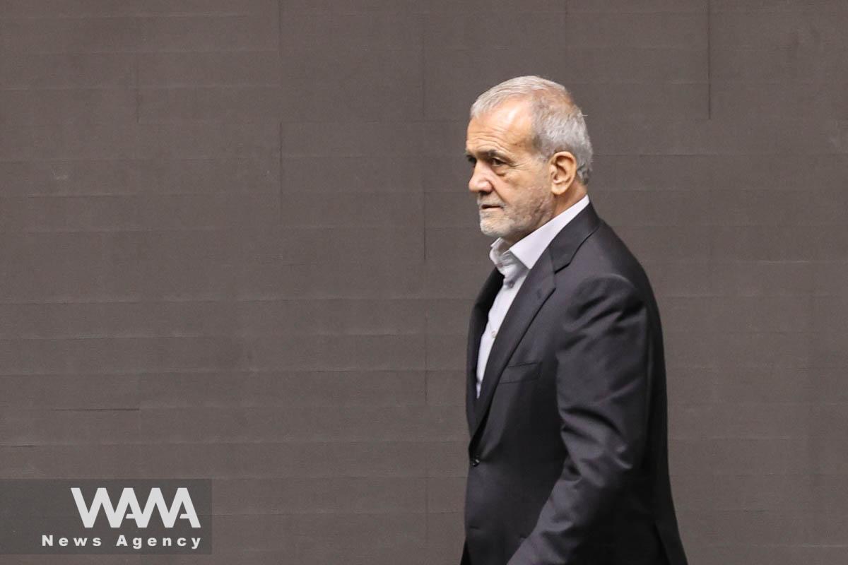 Iran's new President, Masoud Pezeshkian attends his swearing-in ceremony at the parliament in Tehran, Iran, July 30, 2024. Majid Asgaripour/WANA (West Asia News Agency)