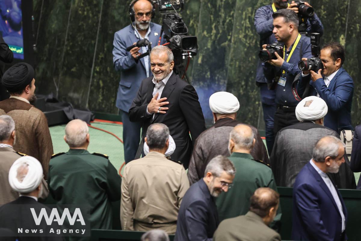 Iran's new President, Masoud Pezeshkian attends his swearing-in ceremony at the parliament in Tehran, Iran, July 30, 2024. Majid Asgaripour/WANA (West Asia News Agency)