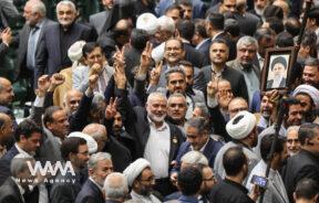 Palestinian group Hamas' top leader Ismail Haniyeh attends the swearing-in ceremony of Iran's new President, Masoud Pezeshkian at the parliament in Tehran, Iran, July 30, 2024. Majid Asgaripour/WANA (West Asia News Agency)