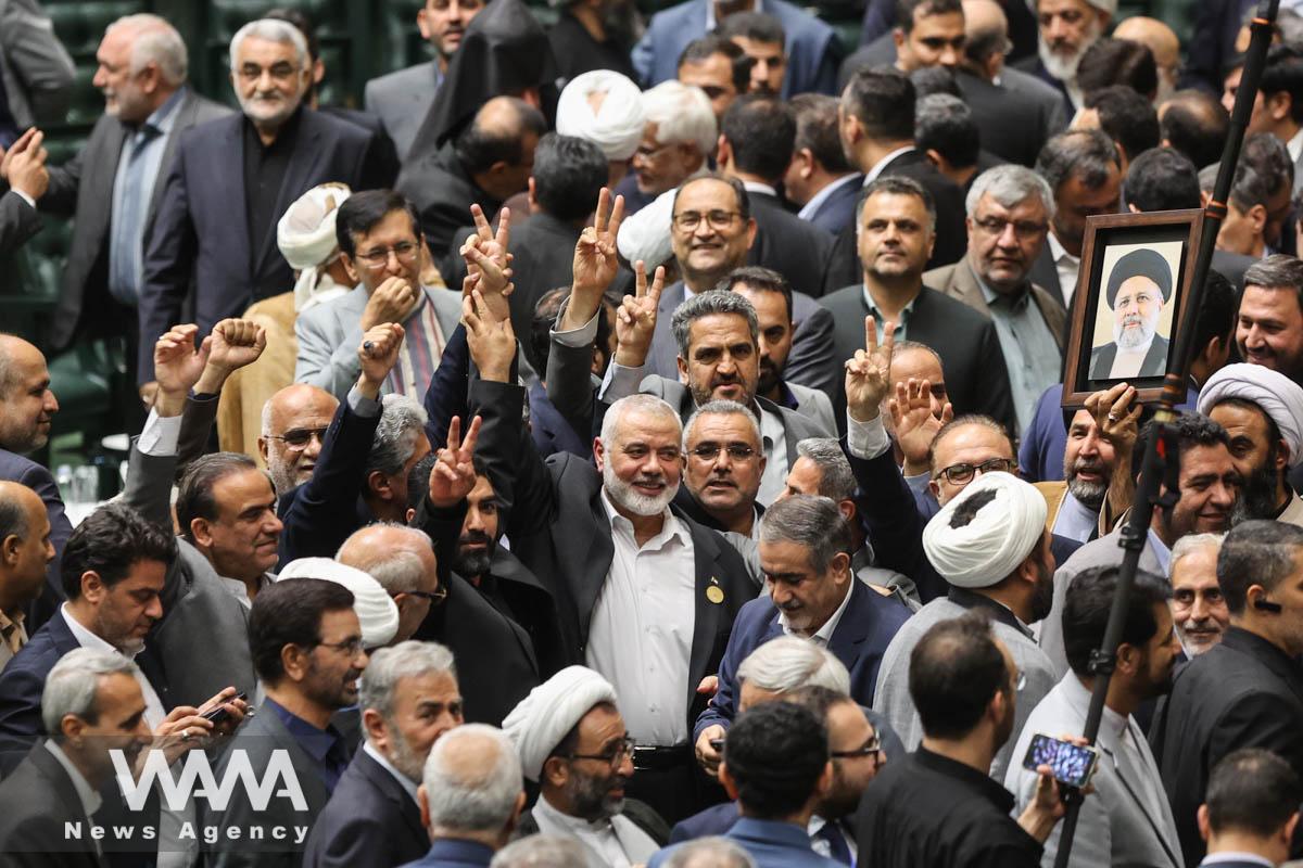 Palestinian group Hamas' top leader Ismail Haniyeh attends the swearing-in ceremony of Iran's new President, Masoud Pezeshkian at the parliament in Tehran, Iran, July 30, 2024. Majid Asgaripour/WANA (West Asia News Agency)