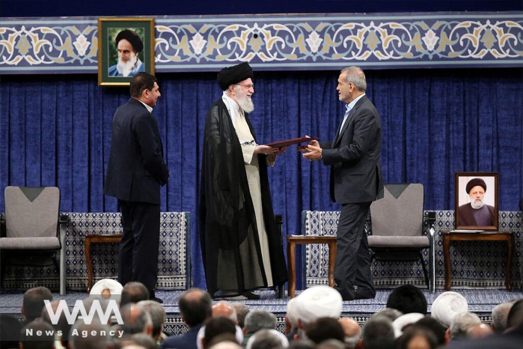 The endorsement ceremony of Iran's new president, Masoud Pezeshkian, by Ayatollah Khamenei - 28 July, 2024 -Tehran. Leader office / WANA News Agency