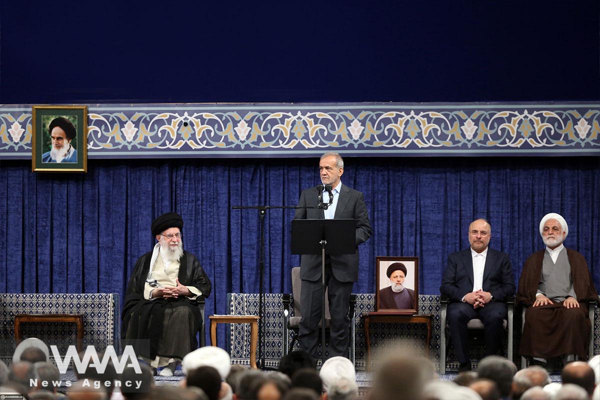 The endorsement ceremony of Iran's new president, Masoud Pezeshkian, by Ayatollah Khamenei - 28 July, 2024 -Tehran. Leader office / WANA News Agency