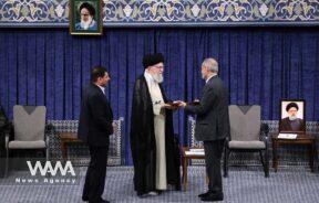 The endorsement ceremony of Iran's new president, Masoud Pezeshkian, by Ayatollah Khamenei - 28 July, 2024 -Tehran. Leader office / WANA News Agency