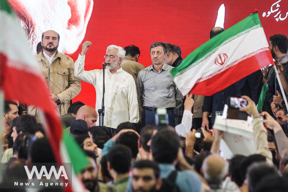 Iranian presidential candidate Saeed Jalili speaks during a campaign event in Tehran