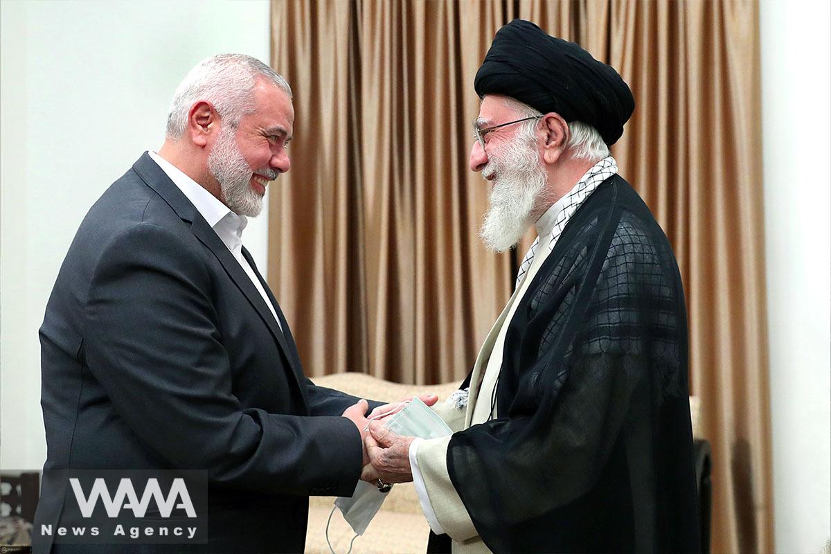 The picture of Ismail Haniyeh, the leader of Hamas, meeting with the leader of the Iranian Revolution, Ayatollah Khamenei. Supreme Leader office / WANA News Agency