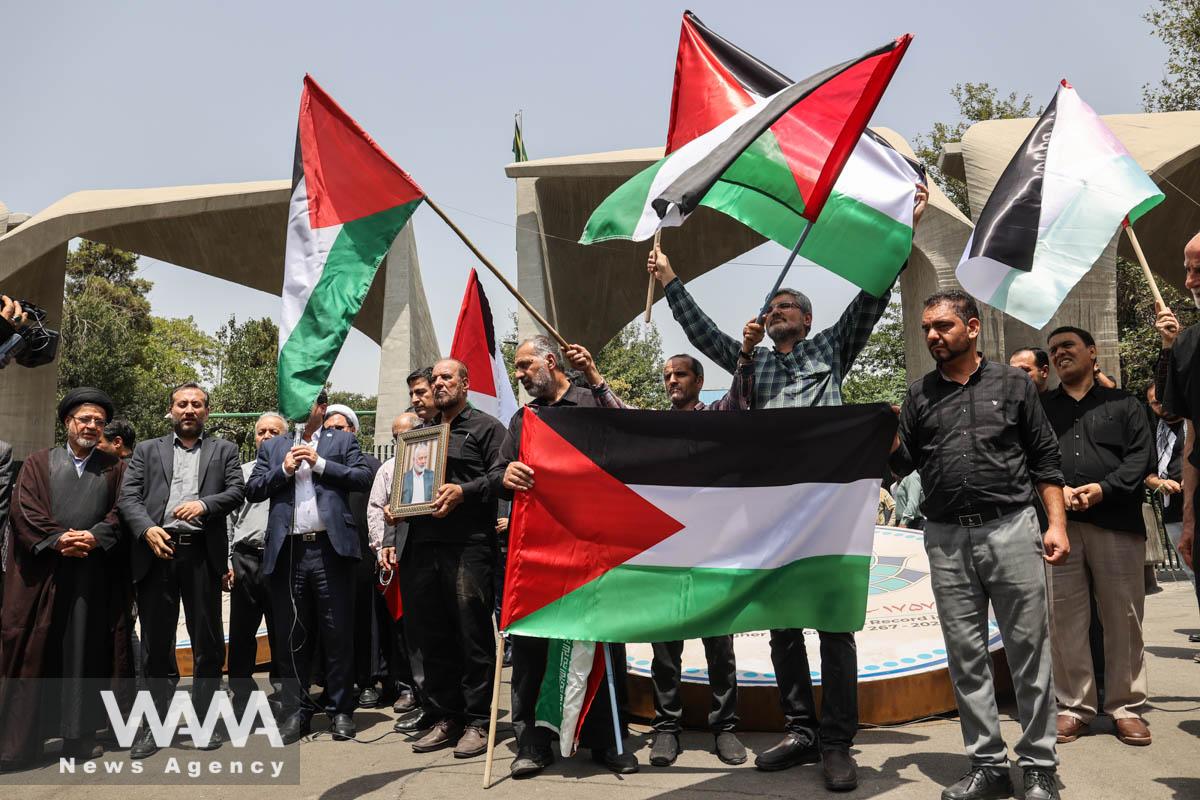 People attend an anti-Israel gathering following the assassination of the Palestinian group Hamas' top leader Ismail Haniyeh, in Tehran, Iran July 31, 2024. Majid Asgaripour/WANA (West Asia News Agency)