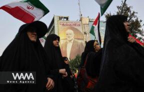 A billboard with a picture of Palestinian group Hamas' top leader Ismail Haniyeh, is displayed during an anti-Israel gathering following the killing of him, amid the ongoing conflict between Israel and Hamas, in Tehran, Iran July 31, 2024. Majid Asgaripour/WANA (West Asia News Agency)