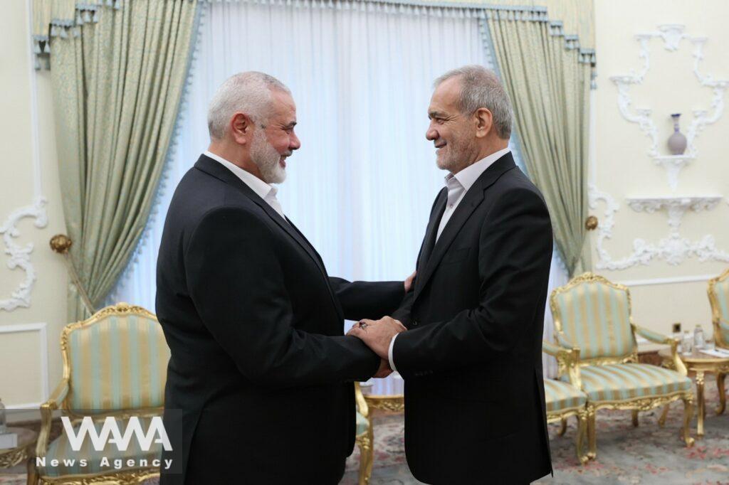 Ismail Haniyeh, head of the political bureau of Hamas, meeting with Masoud Pezeshkian president of Iran. 29 July 2024. President’s office / WANA News Agency