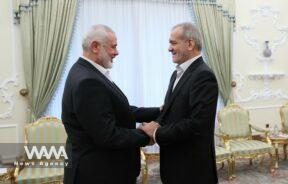 Ismail Haniyeh, head of the political bureau of Hamas, meeting with Masoud Pezeshkian president of Iran. 29 July 2024. President’s office / WANA News Agency