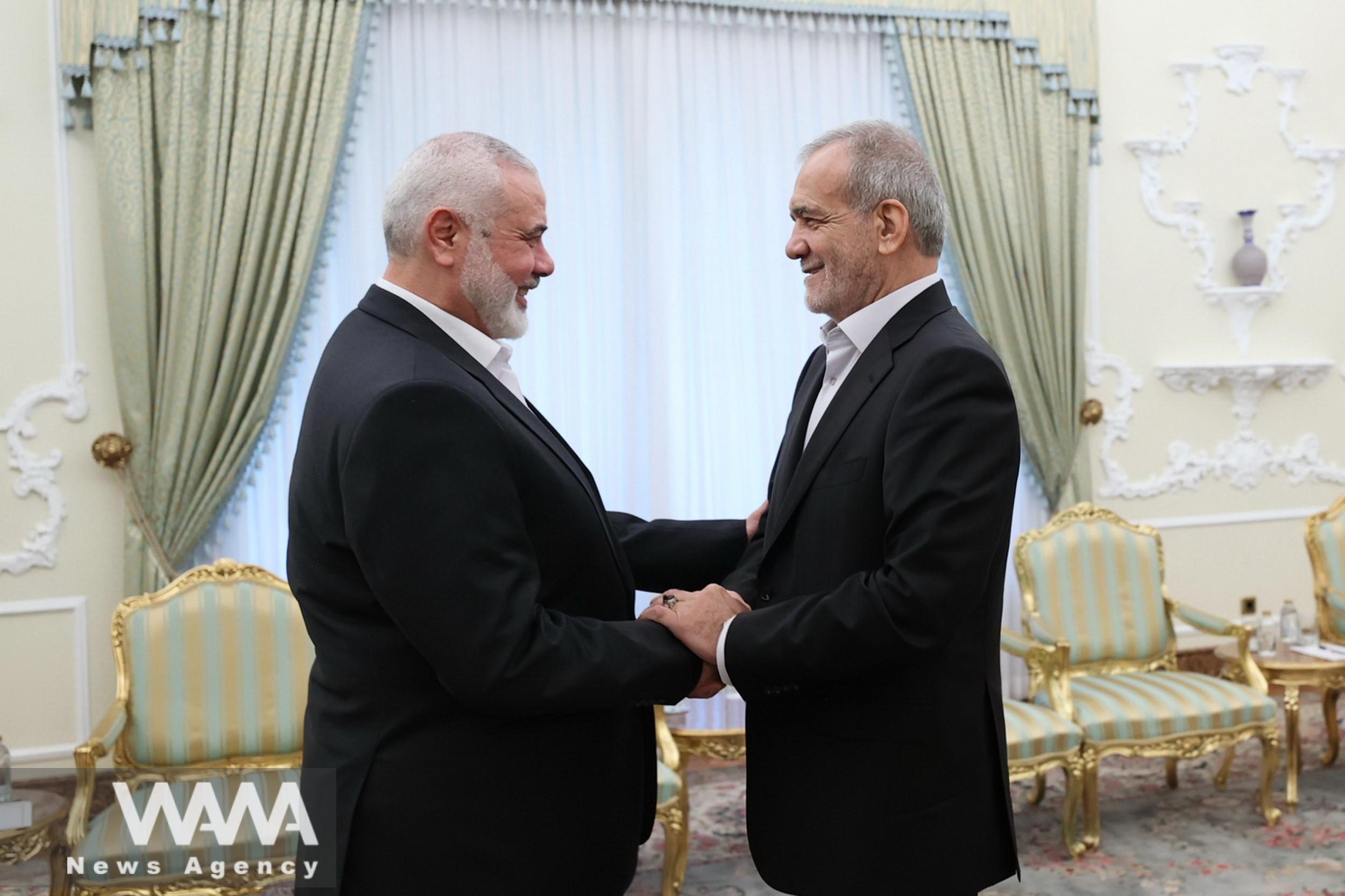 Ismail Haniyeh, head of the political bureau of Hamas, meeting with Masoud Pezeshkian president of Iran. 29 July 2024. President’s office / WANA News Agency