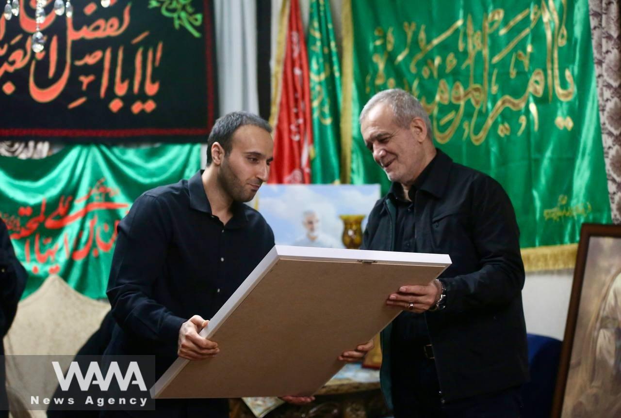 WANA - Masoud Pezeshkian, the newly elected President of Iran, visiting the family of General Qasem Soleimani at their home