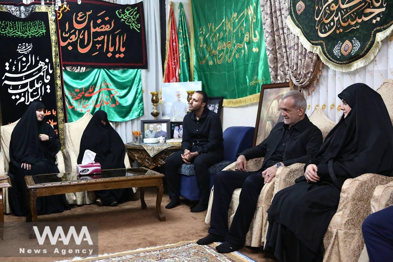 WANA - Masoud Pezeshkian, the newly elected President of Iran, visiting the family of General Qasem Soleimani at their home