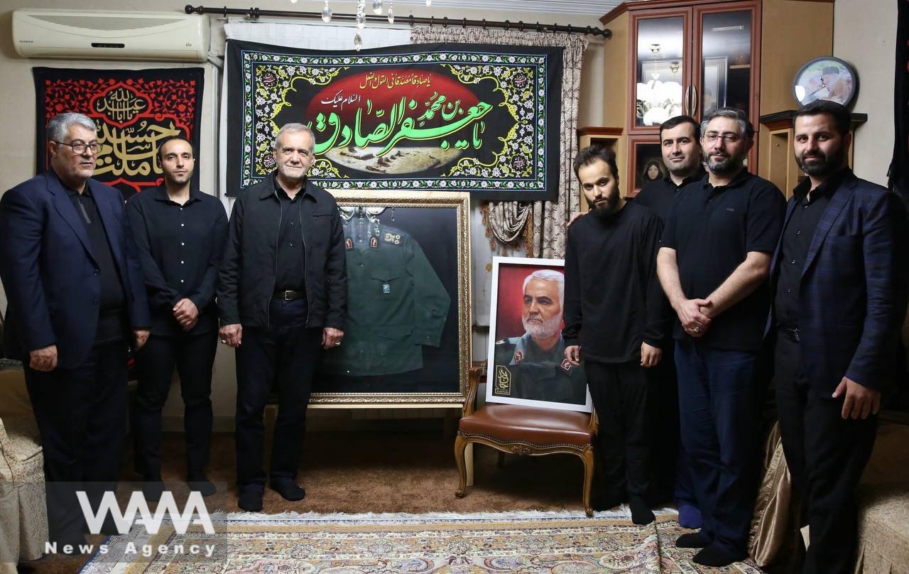 WANA - Masoud Pezeshkian, the newly elected President of Iran, visiting the family of General Qasem Soleimani at their home