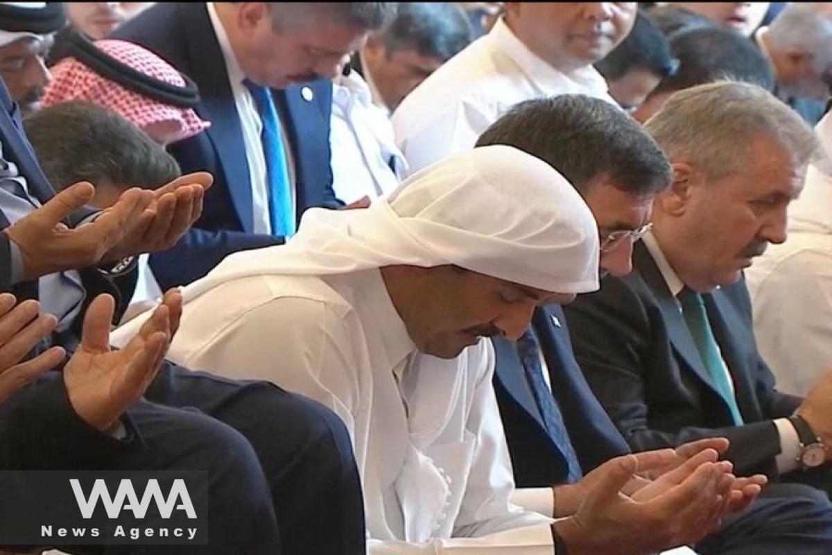 The Emir of Qatar attended the mosque and, prayed over Ismail Haniyeh. 02 August 2024. Social Media / WANA News Agency