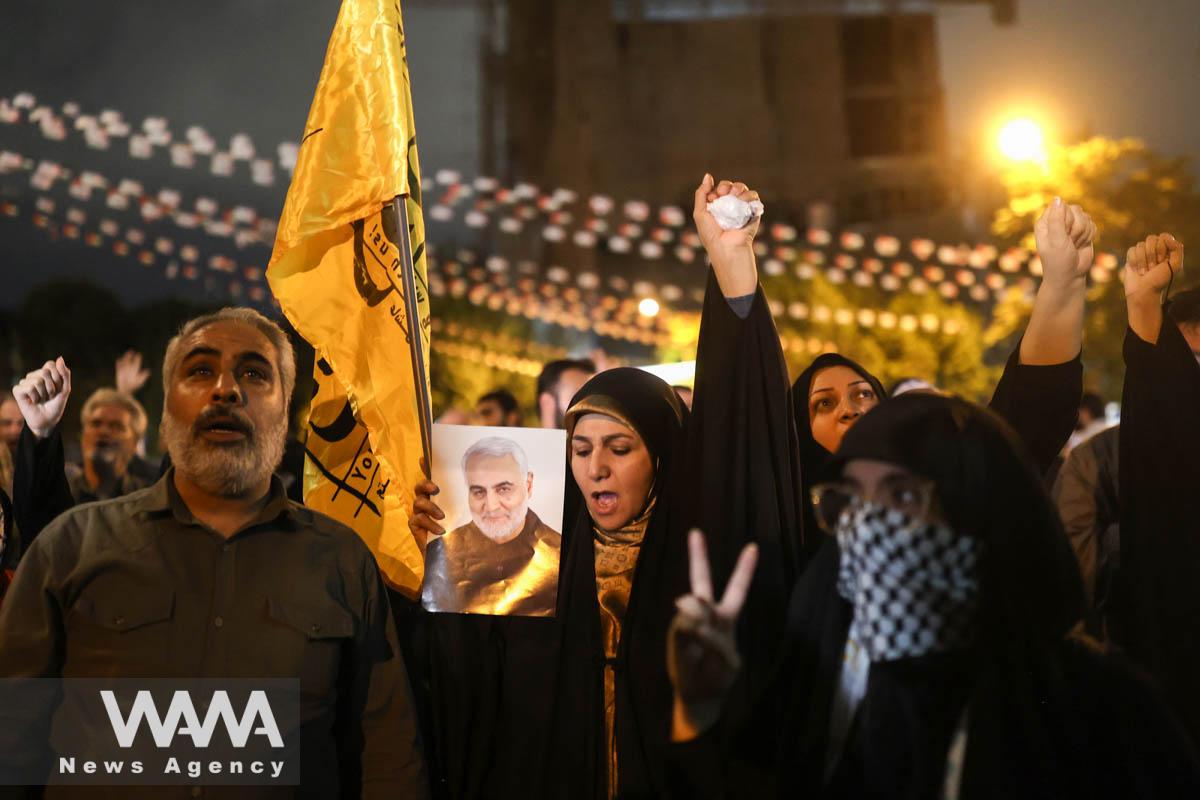 Demonstrators chant during an anti-Israel protest following an Israeli strike on Lebanon