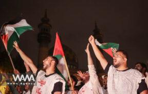 Demonstrators chant during an anti-Israel protest following an Israeli strike on Lebanon