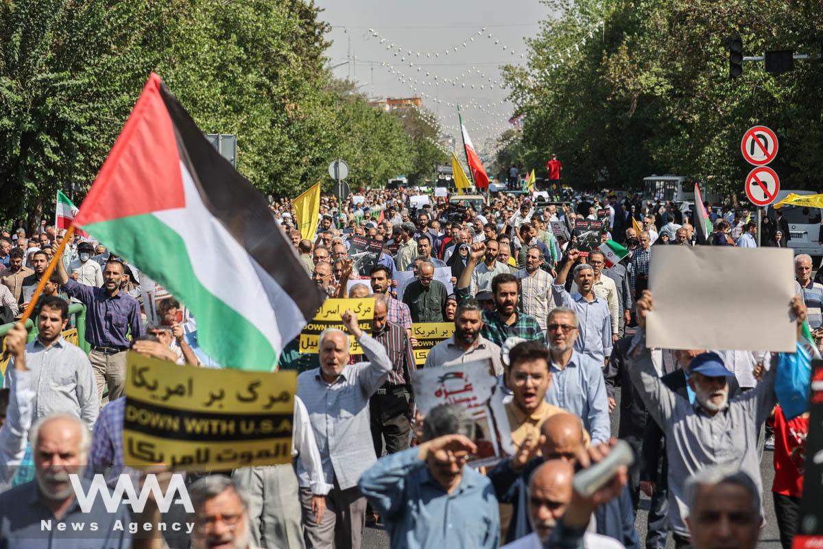 Demonstrators rally against Israel's strikes on Gaza and Lebanon during a demonstration