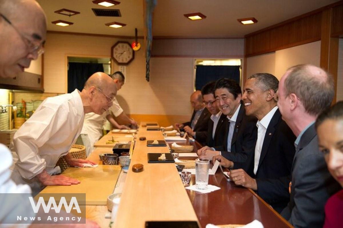 Barack Obama and the late Japanese Prime Minister Shinzo Abe at the restaurant of renowned sushi master, Jiro Ono.