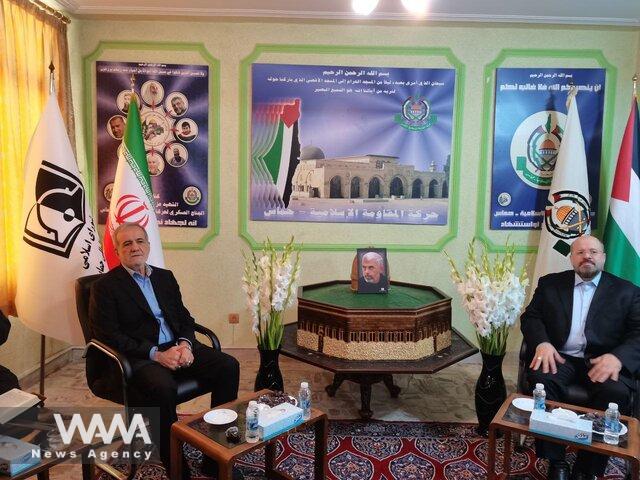 Masoud Pezeshkian, President of the Islamic Republic of Iran, attending a memorial ceremony for martyr Yahya Sinwar at Hamas' office in Tehran