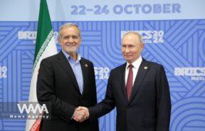 Masoud Pezeshkian, the President of Iran, in a bilateral meeting with Russian President Vladimir Putin on the sidelines of the BRICS Summit in Kazan