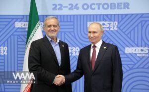 Masoud Pezeshkian, the President of Iran, in a bilateral meeting with Russian President Vladimir Putin on the sidelines of the BRICS Summit in Kazan