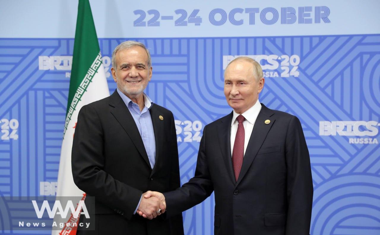 Masoud Pezeshkian, the President of Iran, in a bilateral meeting with Russian President Vladimir Putin on the sidelines of the BRICS Summit in Kazan