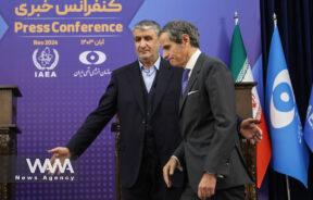 International Atomic Energy Agency (IAEA) Director General Rafael Mariano Grossi and Head of Iran's Atomic Energy Organization Mohammad Eslami attend a news conference in Tehran