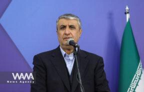 Head of Iran's Atomic Energy Organization Mohammad Eslami looks on during a news conference with International Atomic Energy Agency (IAEA) Director General Rafael Mariano Grossi, in Tehran