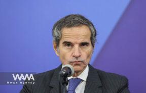 International Atomic Energy Agency (IAEA) Director General Rafael Mariano Grossi looks on during a news conference with Head of Iran's Atomic Energy Organization Mohammad Eslami, in Tehran