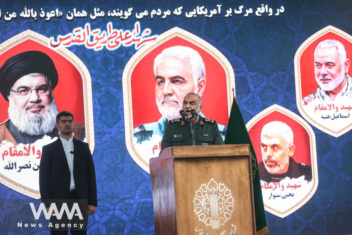 Commander-in-chief of the Islamic Revolutionary Guard Corps, General Hossein Salami speaks during the 45th anniversary of the U.S. expulsion from Iran, in Tehran