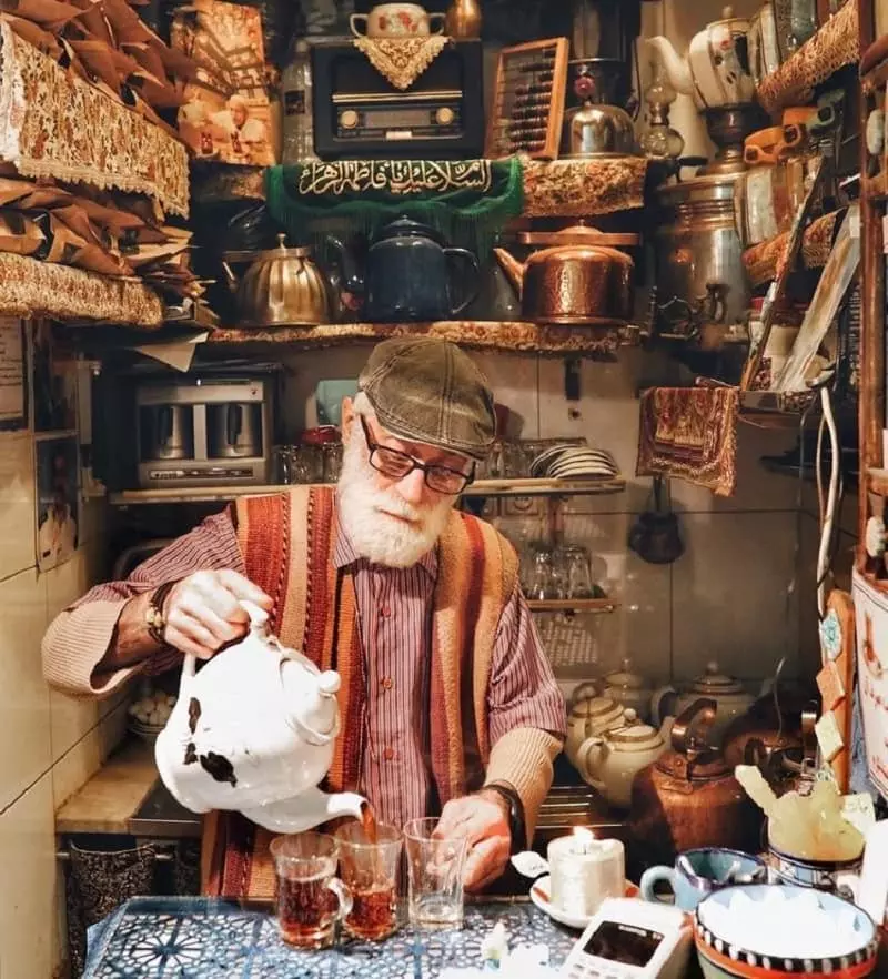 Haj Ali Darvish Teahouse, the world’s smallest teahouse, nestled within Tehran’s Grand Bazaar