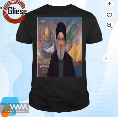 The advertisement for T-shirts featuring the image of Sayyed Hassan Nasrallah at Walmart states: "Nasrallah is in good health following Israeli airstrikes."