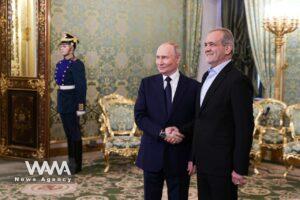 Russian President Vladimir Putin and Iranian President Masoud Pezeshkian meet in Moscow, Russia January 17, 2025. Handout / WANA News Agency