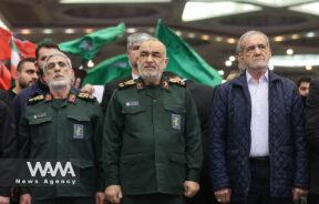 Iranian President Masoud Pezeshkian gives a speech during a ceremony to mark the fifth anniversary of the killing of senior Iranian military commander General Qassem Soleimani in a U.S. attack, in Tehran