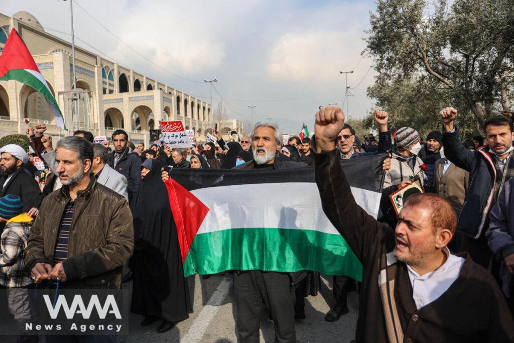 Iranians attend a rally in support of Gaza after the news of a ceasefire between Hamas and Israel, in Tehran, Iran, January 17, 2025. Majid Asgaripour/WANA (West Asia News Agency)