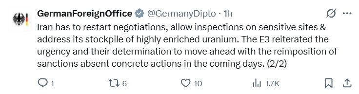 Germany’s X post Following Today’s Call Between the Foreign Ministers of Three European Countries and Araghchi. Social media/ WANA News Agency